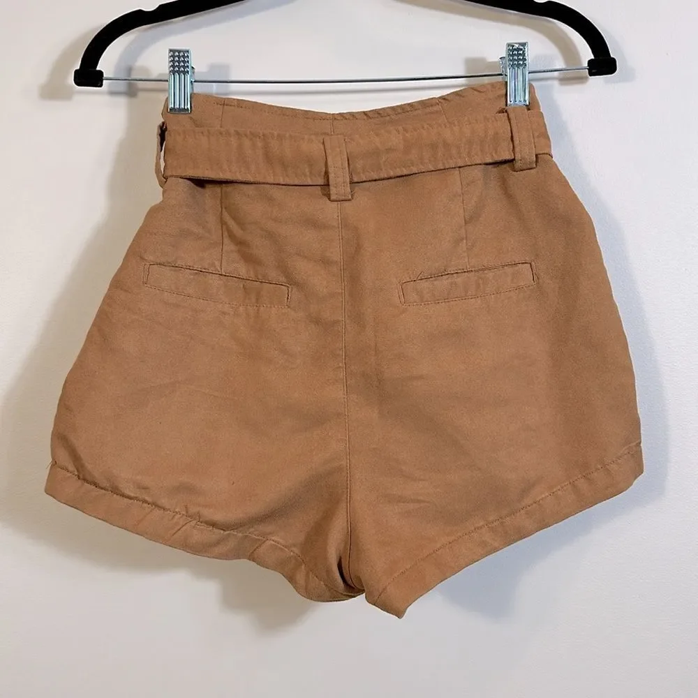 Divided Brown Waist Bow Pleated Textured Lined Shorts Women Size 6